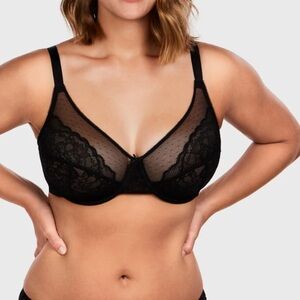 BOGO Sheer Black Lace Bra Cardi B Rec) Unlined Non-Padded Underwire Bra 34DD